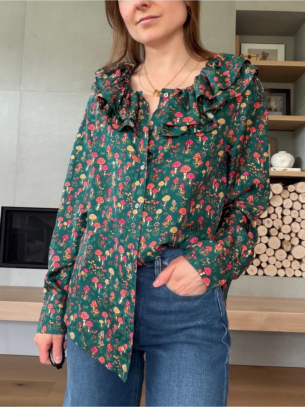 J. Crew collection 100% silk Forest Green Floral Ruffle-Trim mushroom Blouse